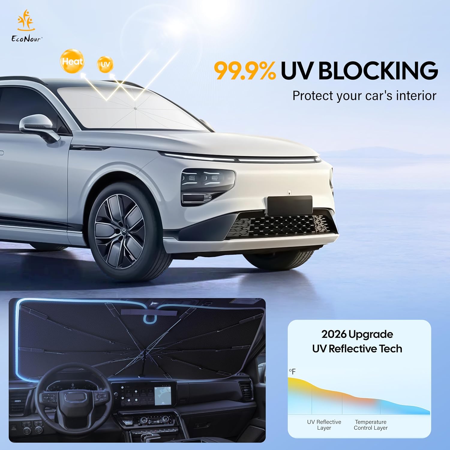 EcoNour Foldable Windshield Sun Shade & Window Tint Fit for 2014-2018 2019 2020 Nissan Rogue Sunshade, Front Car Window Shades Sun Visor, UV Protection, Heat Blocker, Car Accessories