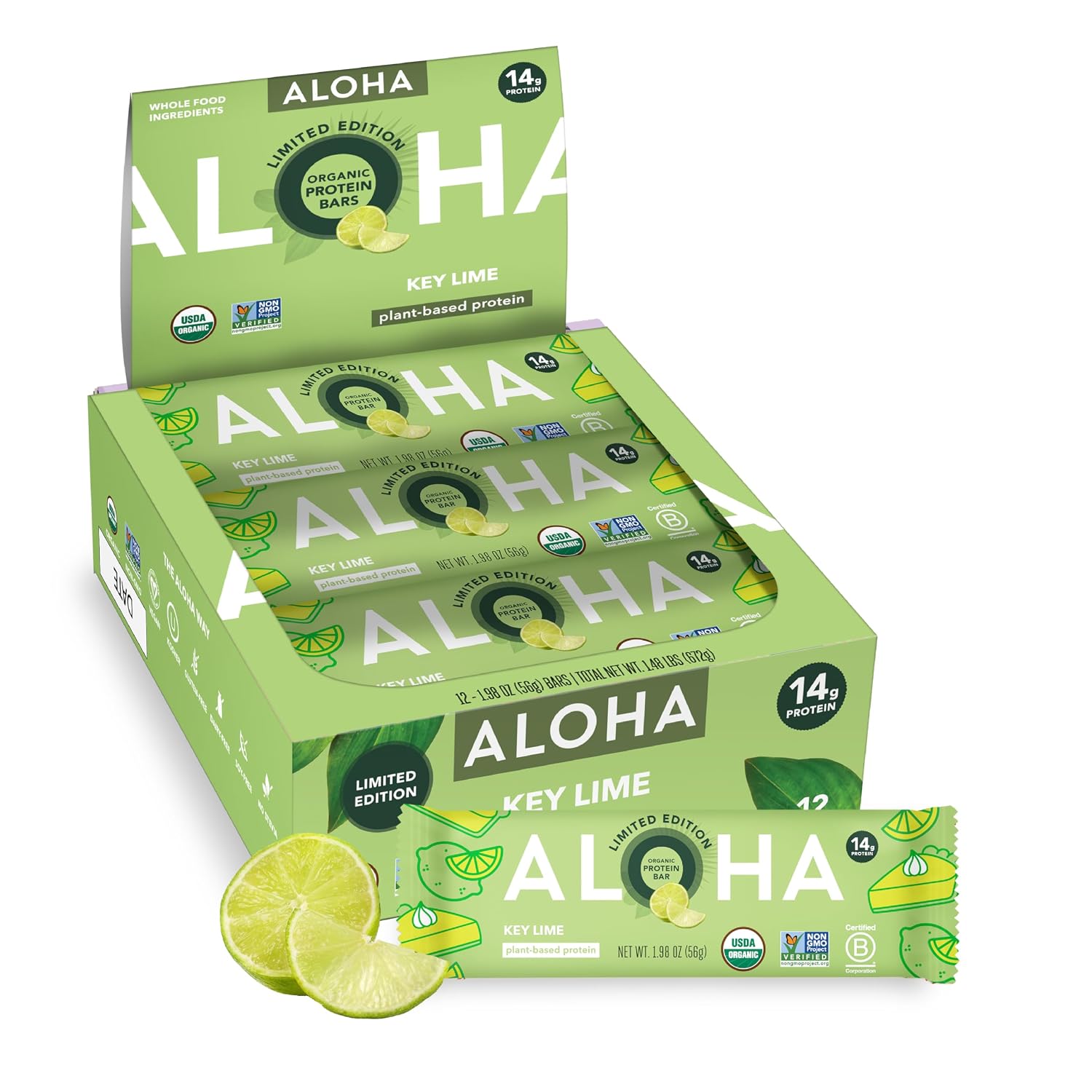 ALOHA Organic Plant Based Protein Bars - Key Lime - 12 Bars, Vegan, Low Sugar, Gluten-Free, GLP-1 Friendly, Low Carb, Non-GMO, No Stevia, No Erythritol