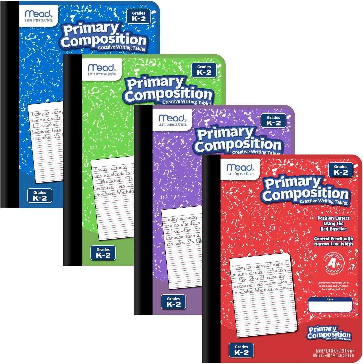 Mead Primary Composition Book, Primary Ruled Journal, Grades K-2, 7-1/2" x 9-3/4", 100 Sheets per Comp Book, Colors Will Vary, 12 Pack (610054-ECM)