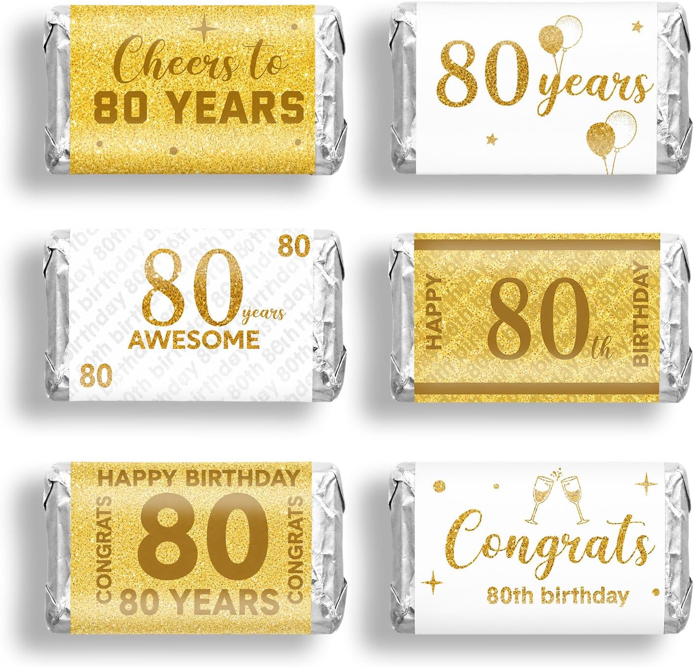 Tenare 90 Pcs 80th Birthday Candy Wrappers, White and Gold Stickers
