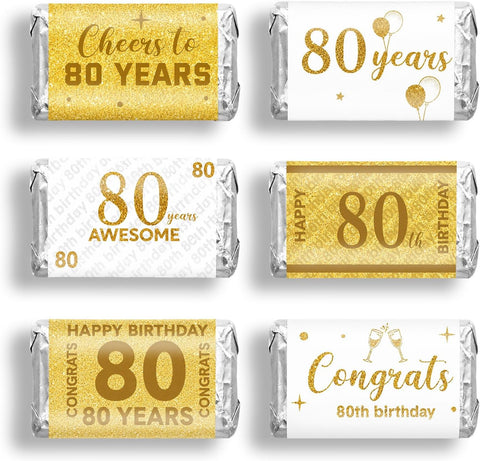 Tenare 90 Pcs 80th Birthday Candy Wrappers, White and Gold Stickers