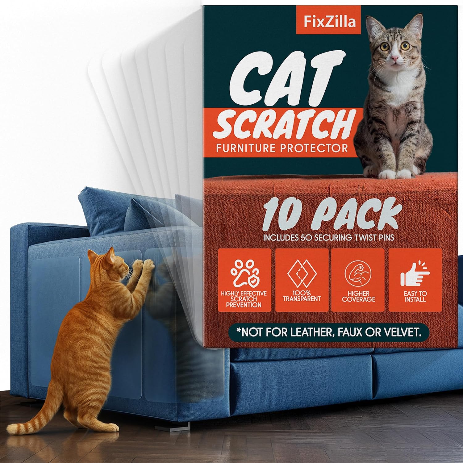 FixZilla Anti Cat Scratch Furniture Protector, 10-Pack Couch Protector from Cat Claws - Heavy-Duty, Easy-to-Apply Scratching Deterrent and Shield for Sofa Corners, Walls, Doors- with 50 Twist Pins