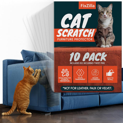 FixZilla Anti Cat Scratch Furniture Protector, 10-Pack Couch Protector from Cat Claws - Heavy-Duty, Easy-to-Apply Scratching Deterrent and Shield for Sofa Corners, Walls, Doors- with 50 Twist Pins