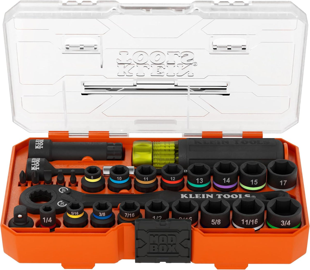 Klein Tools 65400KNECT KNECT Essential Pass Through Impact Socket Set, SAE and Metric, 90-Tooth Ratchet, MODbox Case, 3/8-Inch Drive, 28-Piece