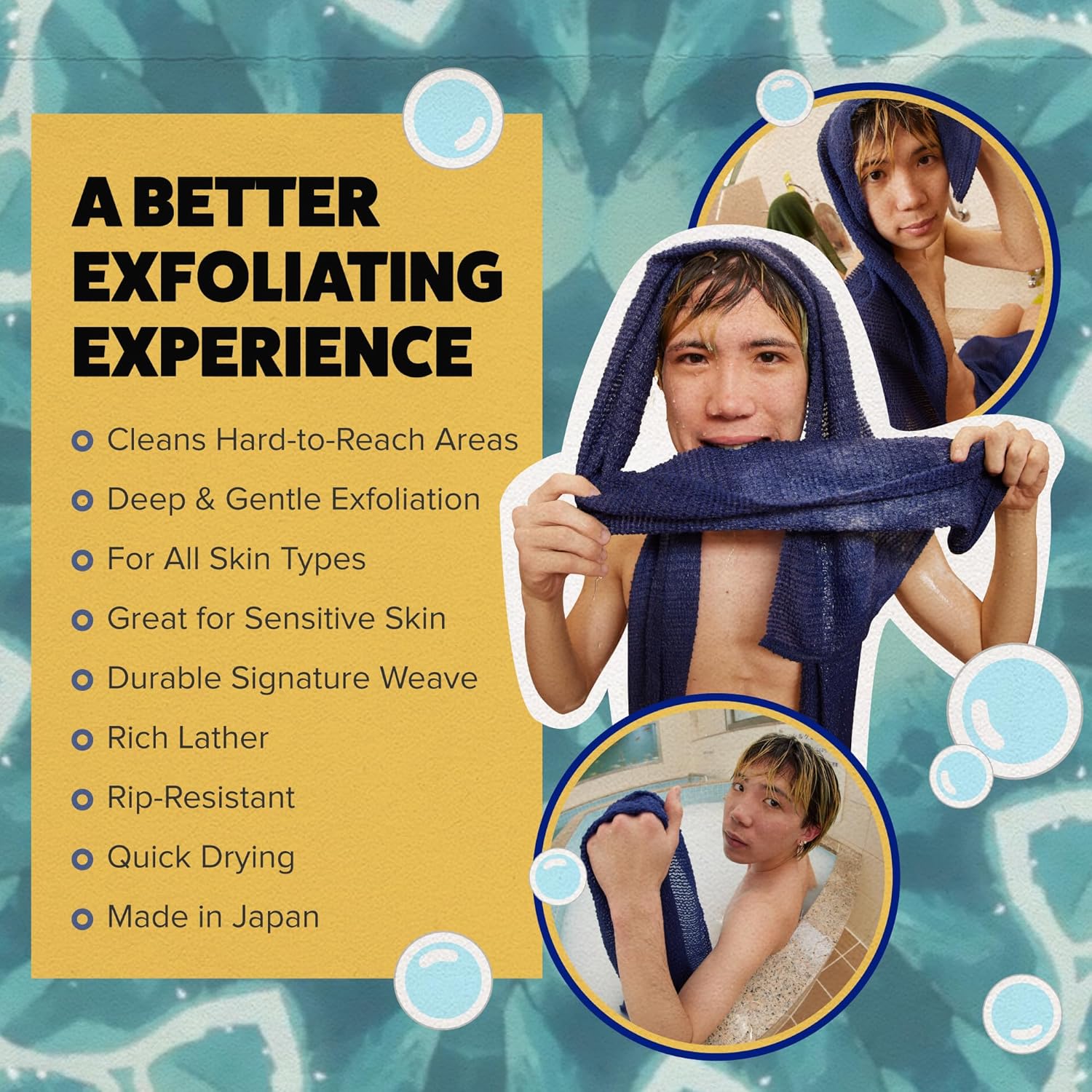 GOSHI Exfoliating Shower Towel - Long Body Scrubber, Blue