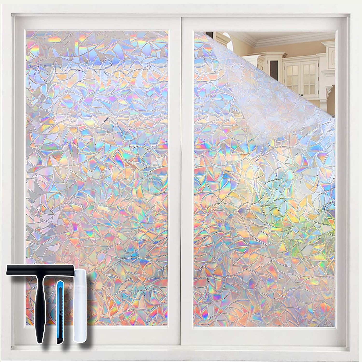 Volcanics Window Privacy Film, Stained Glass Rainbow Cling, 23.6" x 78.7"