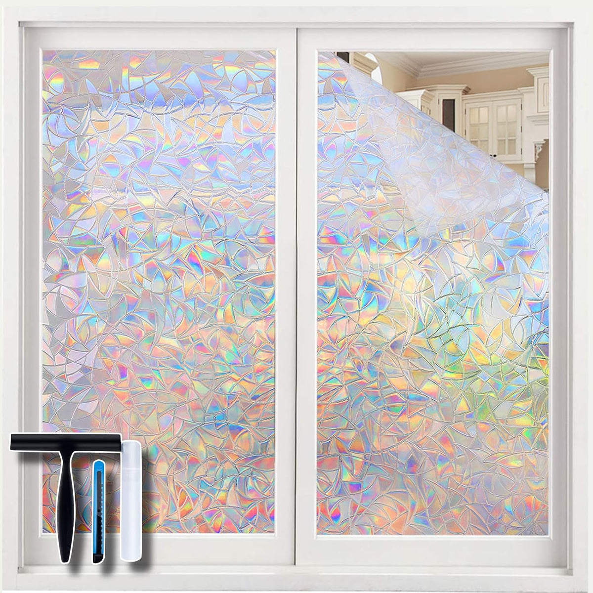 Volcanics Window Privacy Film, Stained Glass Rainbow Cling, 23.6" x 78.7"