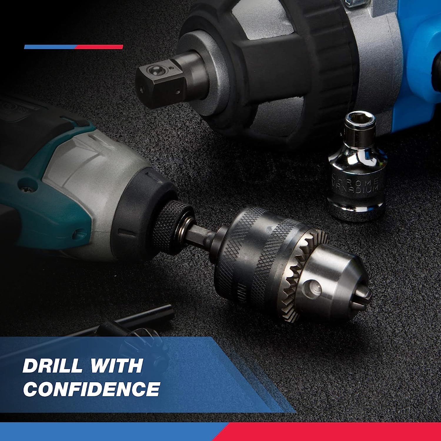 NEIKO 20754A 3/8” Drill Chuck Adapter | Chuck Drill for Impact Drivers with 1/4 Inch Quick Change Shank | Drill Converter Includes 1/2-Inch Adapter for Impact Guns | Hex to Chuck Drill Bit Adapter