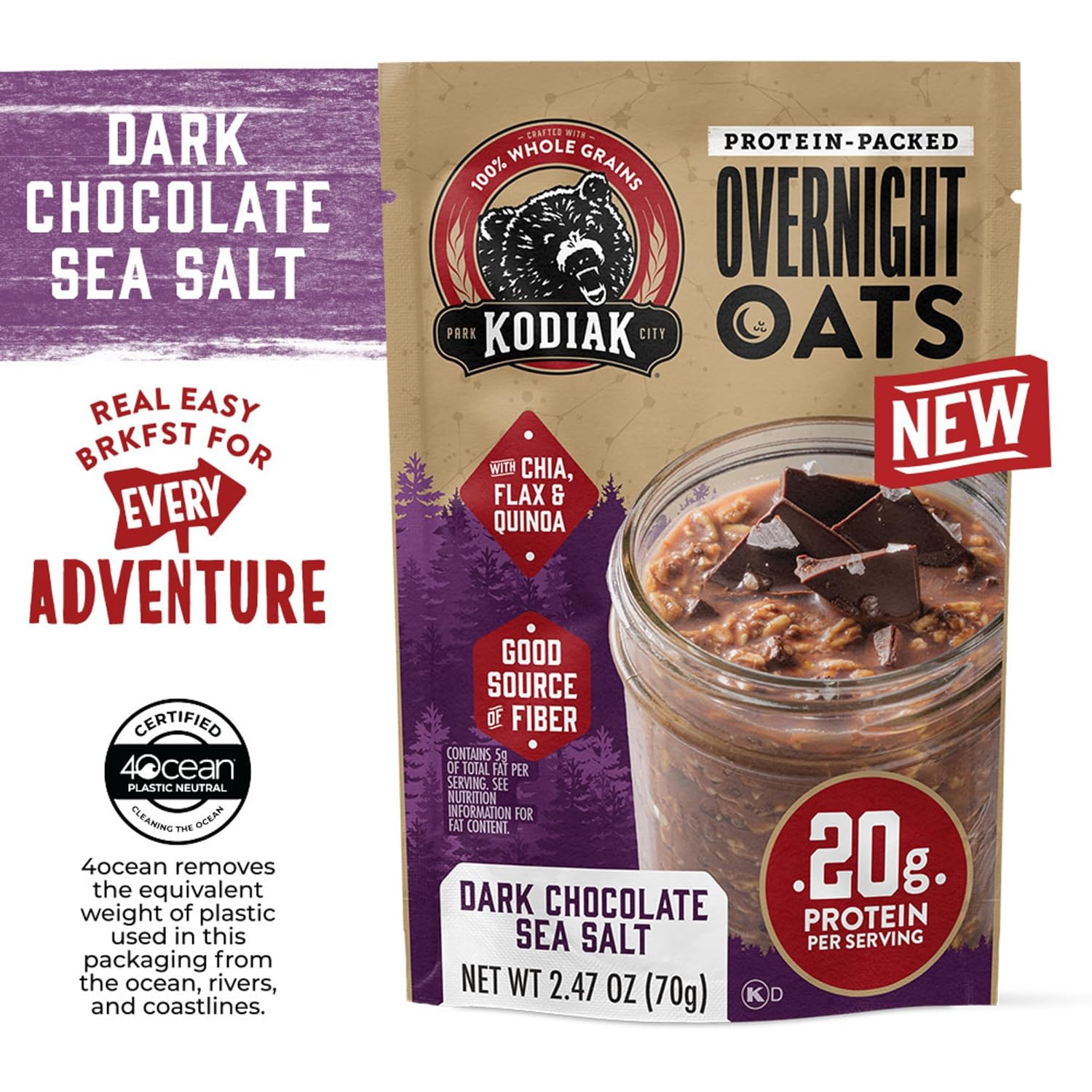 Kodiak Protein Overnight Oats, Dark Chocolate Sea Salt, High Protein, 9pk