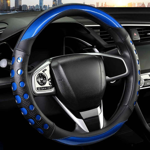PU Leather Car Steering Wheel Cover with Anti-Slip Grip, for Women and Men, Universal Fit for 14.5-15 Inch Cars, Trucks, SUVs (Blue (Round), Medium(Standard) Size[14 1/2''-15''])