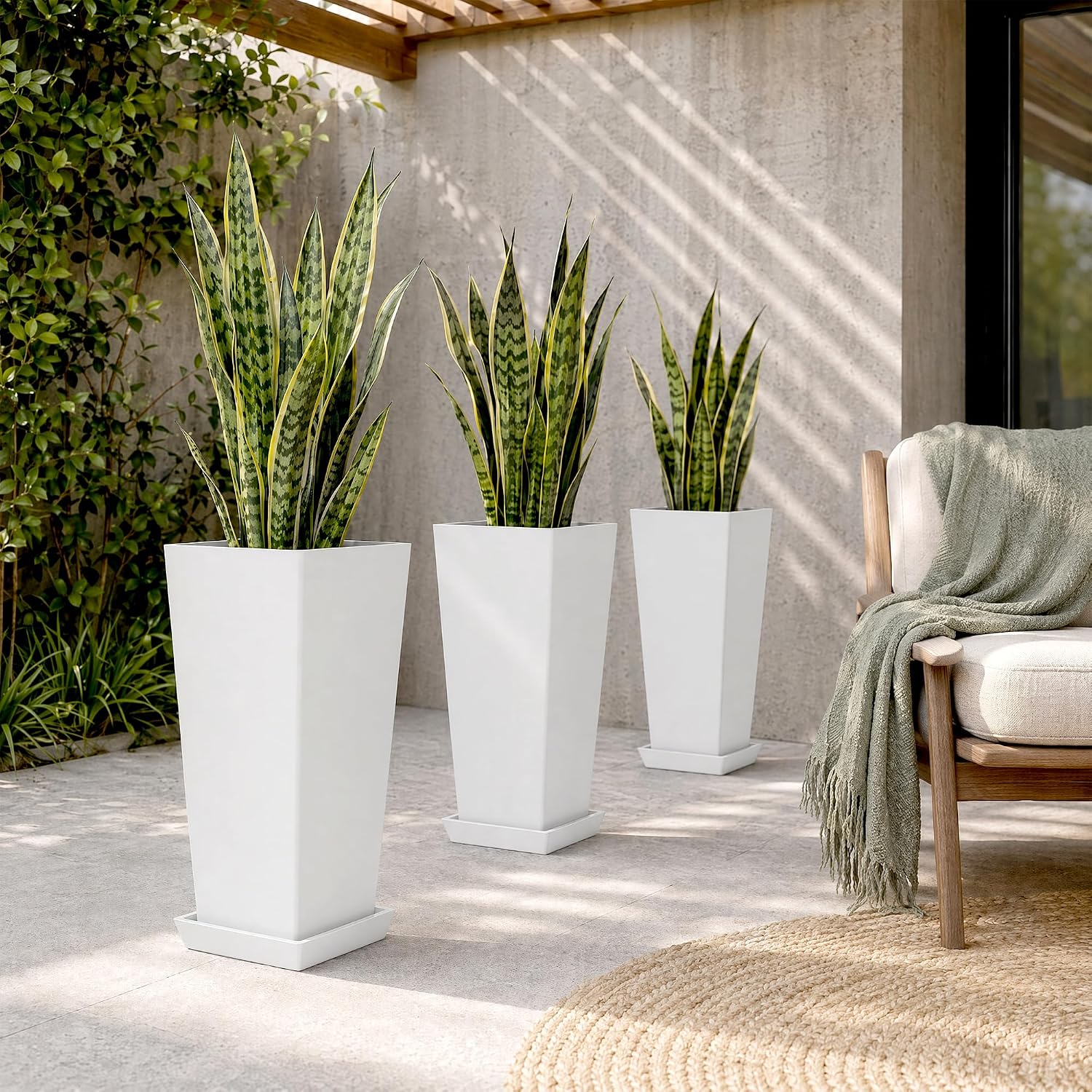 24" Set of 2 Tall White Planters for Outdoor Plants, Tapered