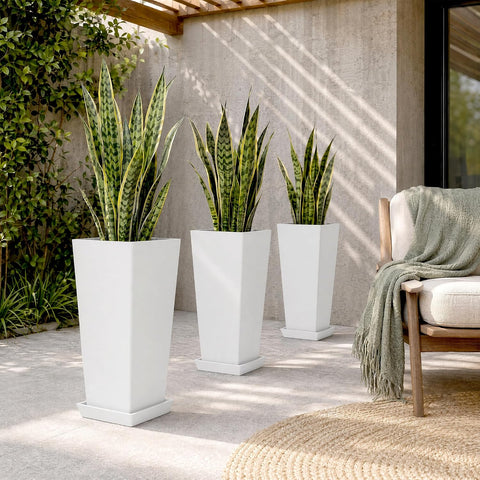 24" Set of 2 Tall White Planters for Outdoor Plants, Tapered