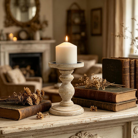 Hosley Set of 2 Antique White Wooden Pillar Candle Holders - 7 Inch Rustic Farmhouse Candlestick Stand, Distressed Candle Pedestals for Table Centerpiece, Wedding Party, Home Decor, Spa