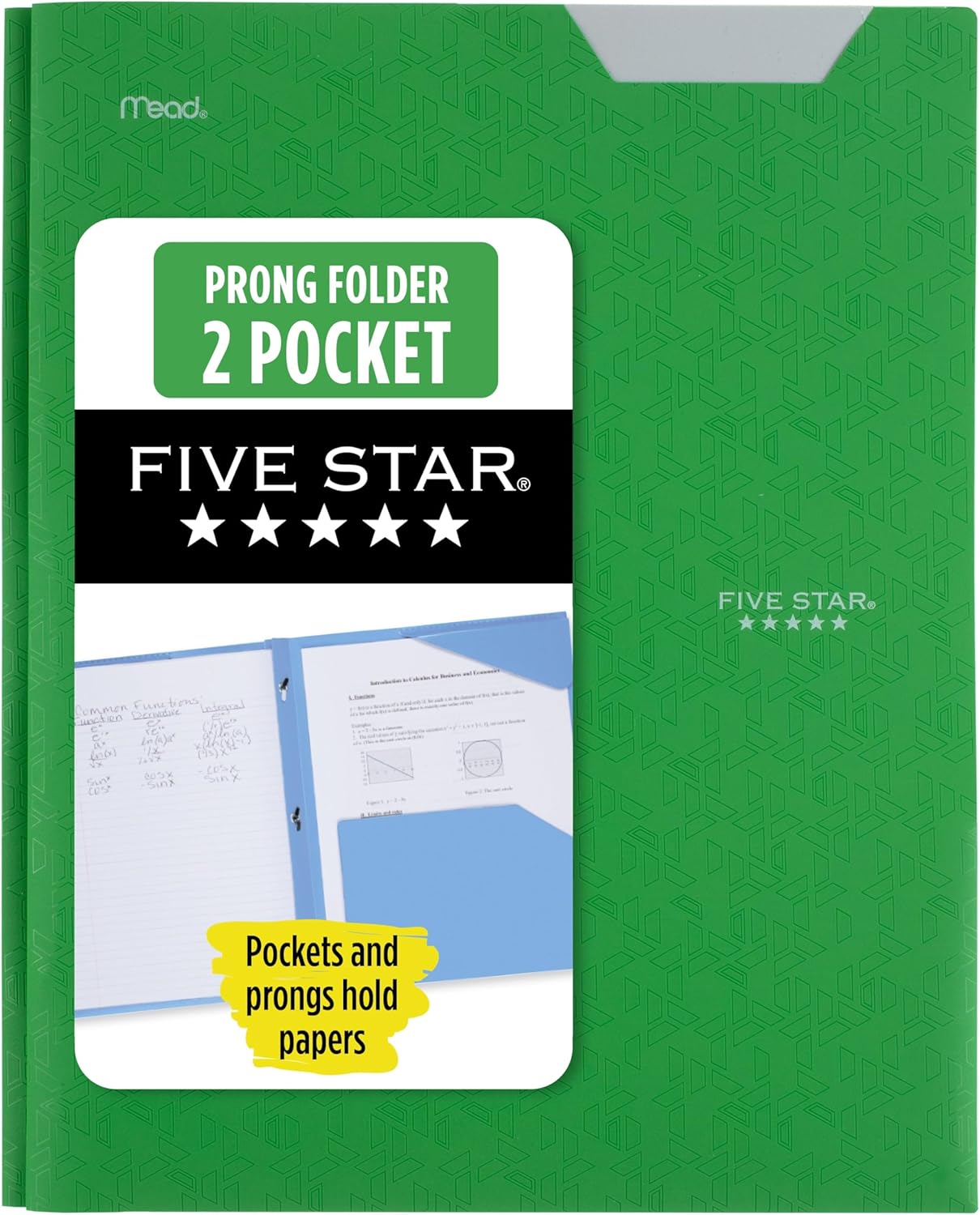 Five Star 2-Pocket Folder, Plastic Folder with Stay-Put Tabs and Prong Fasteners, Holds 8-1/2" x 11" Paper, Forest Green (72111)