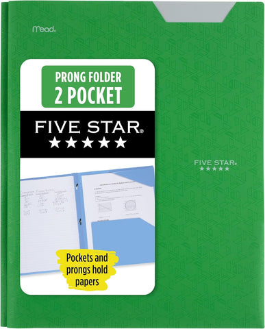 Five Star 2-Pocket Folder, Plastic Folder with Stay-Put Tabs and Prong Fasteners, Holds 8-1/2" x 11" Paper, Forest Green (72111)