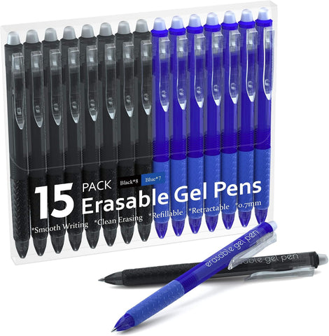 Lineon Erasable Gel Pens, 15 Pack Retractable Erasable Pens Clicker, Fine Point, Make Mistakes Disappear, 8 Black 7 Blue Inks for School & Office