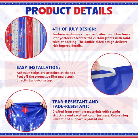 ZATAYE 2 Pack Red Silver Blue Foil Curtain Streamer Decorations