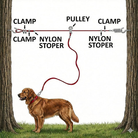 BV 60ft Aerial Pet Trolley System with 10ft Pulley Lead - Heavy Duty Dog Tie Out for Yard up to 125 lbs, Reflective Run Cable (Not a Leash, Bare End)