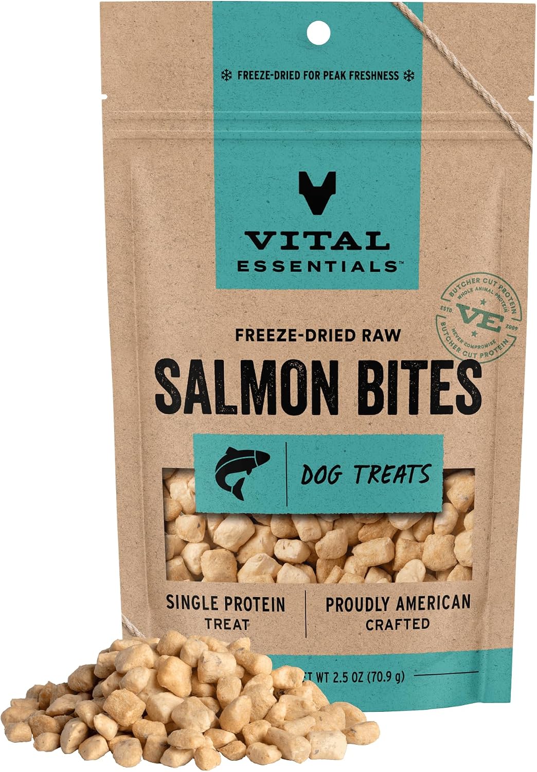 Vital Essentials Freeze Dried Dog Treats, Salmon Bites, 2.5 oz Bag