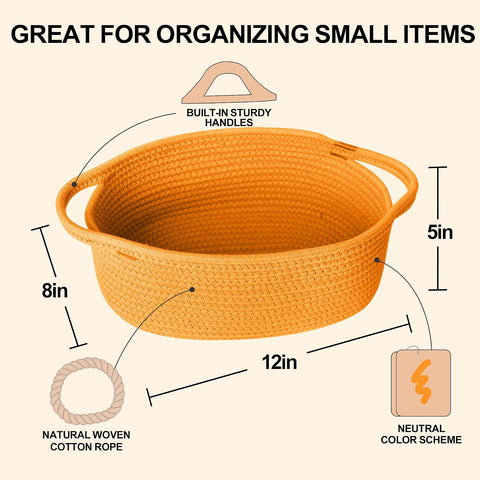 Small Orange Woven Gift Basket, Baskets for Gifts Empty, Cotton Rope Cat Dog Toy Bin Box, Baby Nursery Organizer, Easter Basket with Handle, Shelf Storage Bin, Orange Room Decor, 12"x 8"x 5"