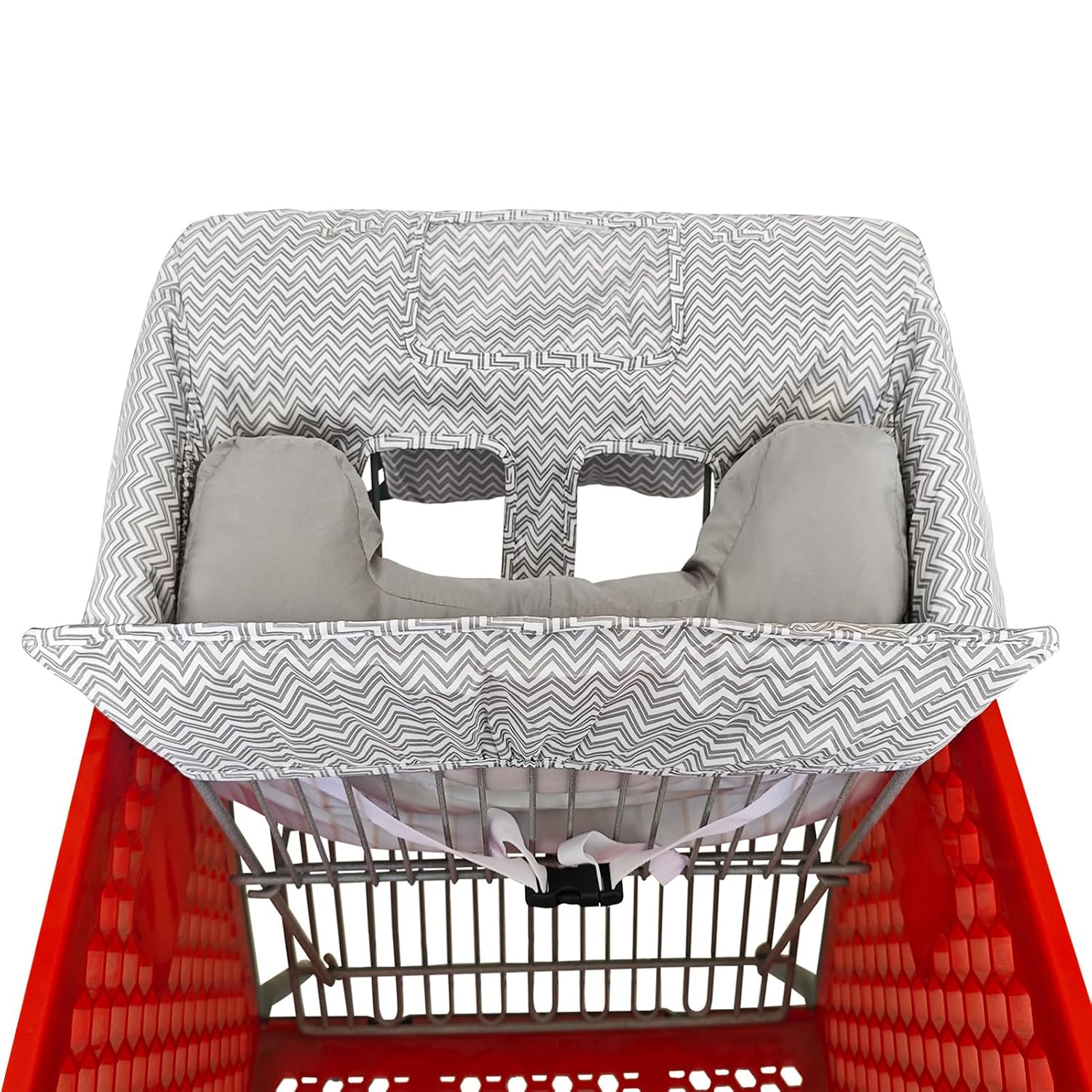 Love&go Soft Pillow Attached 2-in-1 Shopping Cart and High Chair Cover for Baby, Cotton Padded Cart Cover, Fold'n Roll Style, Portable with Carry Bag (Gray Chevron)