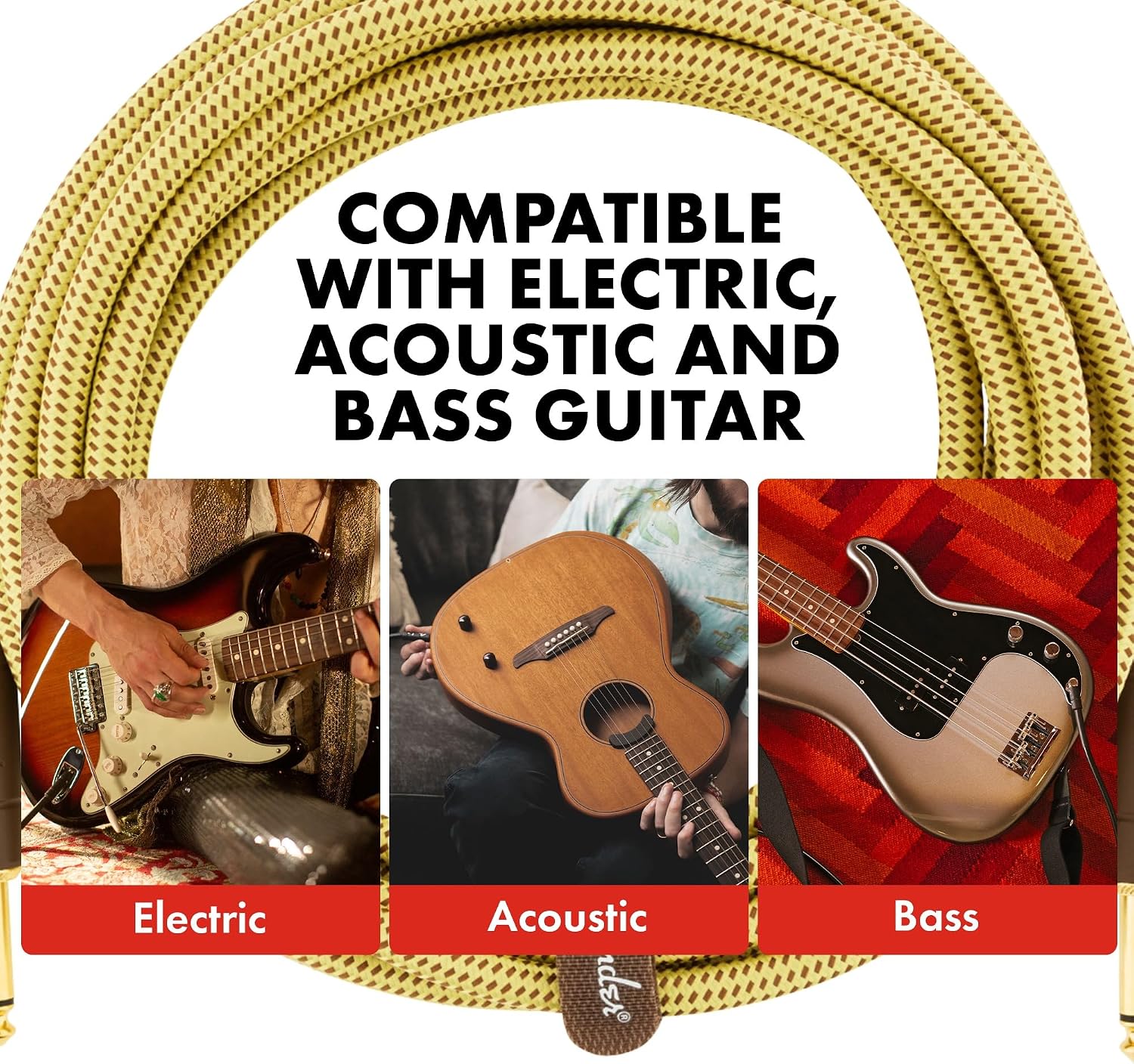 Fender Deluxe Instrument Cable, Straight/Angle, Guitar Cable, 15ft, Tweed