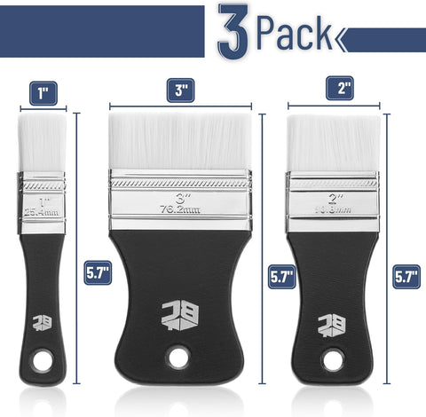 Bates- Flat Paddle Paint Brush Set, 3 Pack, 1"/2"/3" Nylon Bristles