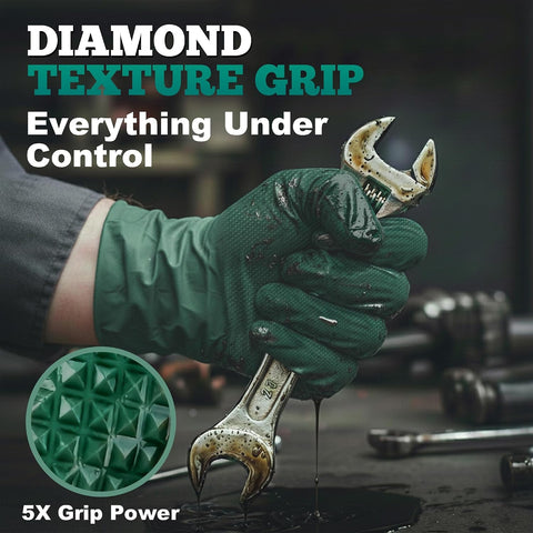TitanFlex Heavy Duty Industrial Nitrile Gloves with Raised Diamond Texture, 8-mil, Latex Free (Green/Dark Green/Yellow)
