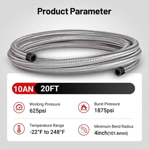 EVIL ENERGY 10AN Fuel Line Kit 20FT, 10AN Hose Stainless Steel Braided Fuel Line Hose Fitting Kit CPE, Silver
