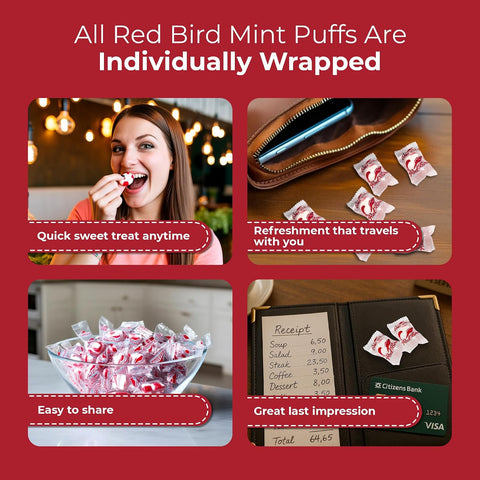 Red Bird Soft Peppermint Puffs Bulk Case, 20 lb Individually Wrapped Mints in Clear Wrapper (Red Stripes Visible), Soft Candy for Offices, Receptions, Restaurants, Made in USA Since 1890