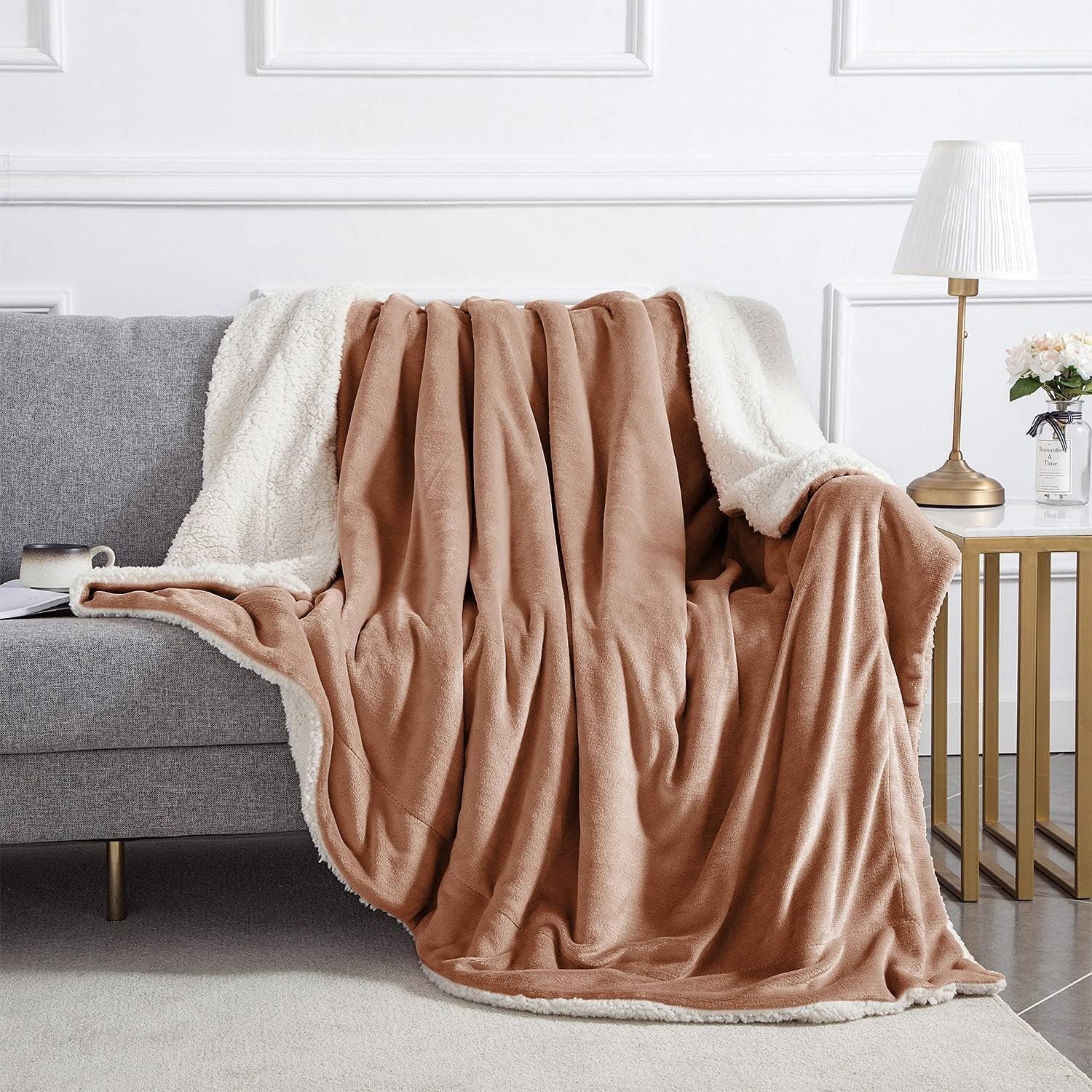 IR Imperial Rooms Sherpa Blankets Queen Size - Thick and Warm Blankets for Winter, Reversible Soft and Fuzzy Fluffy Queen Size Blanket for Bed, Camel, 90x90 Inches