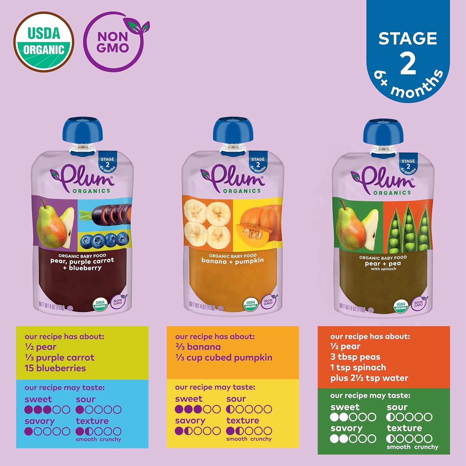 Plum Organics 6+ Months Baby Food Variety Pack, 3 Flavors, 4 oz, 18 Pack