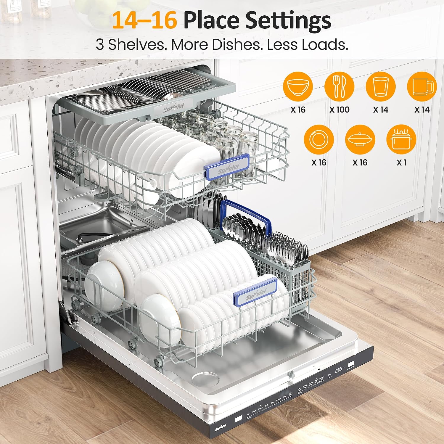24" Built-in Dishwasher, Dishwasher Machine Stainless Steel with Adjustable Racks, 14–16 Place Settings Large Capacity Dish Washer, 8 Wash Programs, Energy Star Certified, Sliver