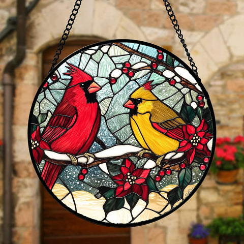 Cardinals Poinsettia Stained Glass Window Hanging Suncatcher Gifts 7.8"