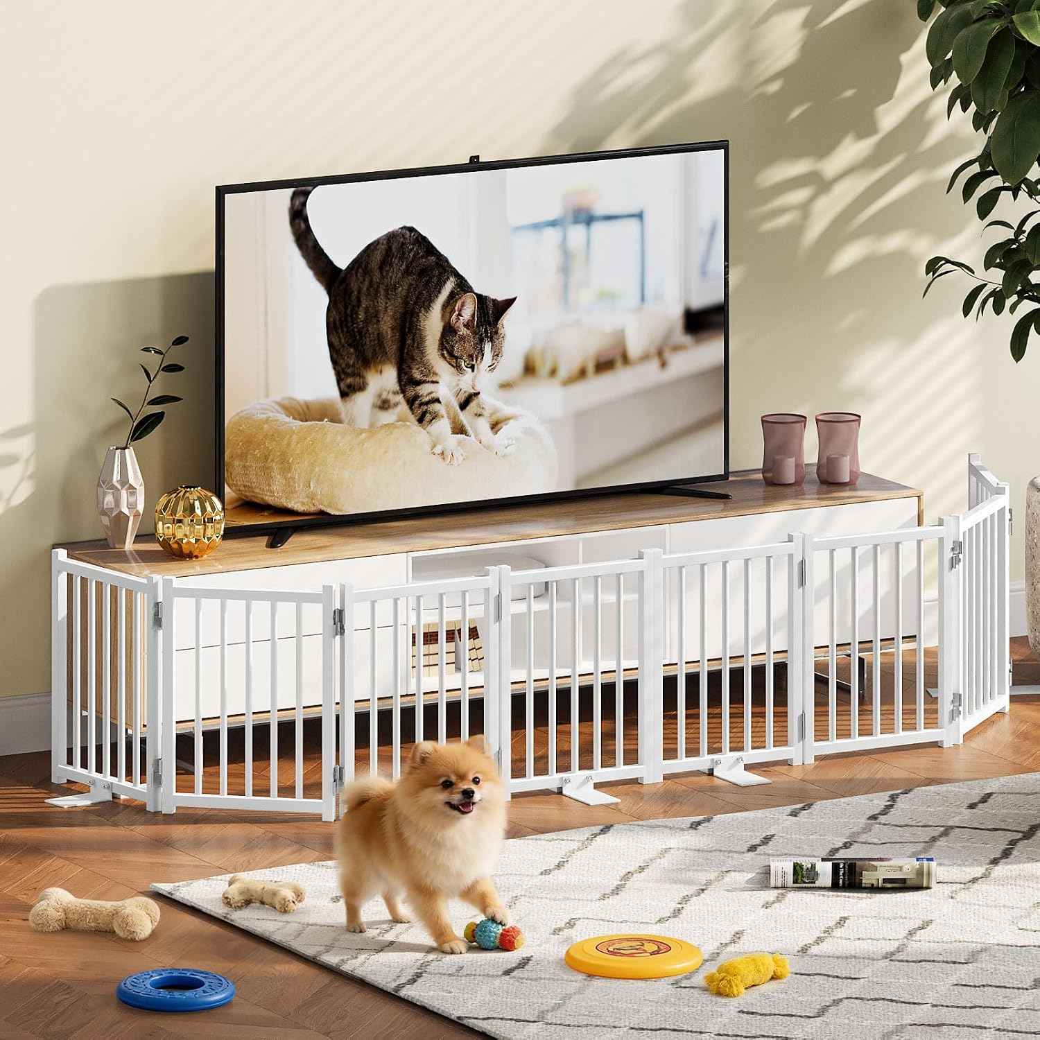 Snughome 2 Pack Short Dog Gate Indoor, 16" High Freestanding Small Dog Gates with Support Feet, Expand Up to 48’’Wide Foldable Pet Gate for Doorway, 8 Panel Pet Door Pet Fence for Puppy, White
