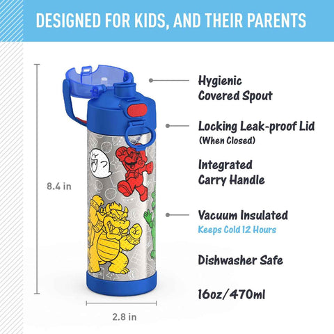THERMOS FUNTAINER Water Bottle with Spout, 16oz, Mario