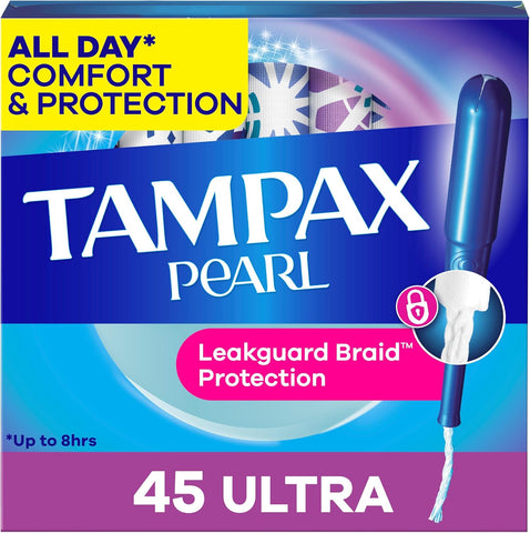 Tampax Pearl Tampons for Women, with LeakGuard Braid, Ultra Absorbency, Unscented, 45 Count