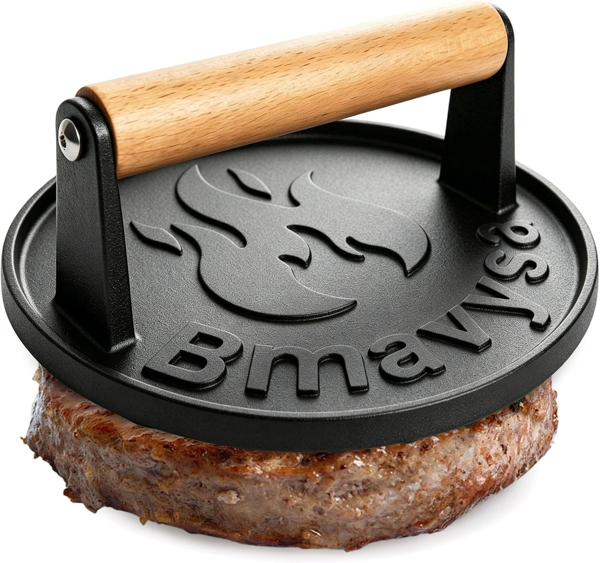 Heavy Duty Cast Iron Smash Burger Grill Press with Wooden Handle
