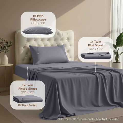Twin Sheets Set, 3 Pieces 16" Deep Pocket Hotel Luxury Bed Sheets, Grey