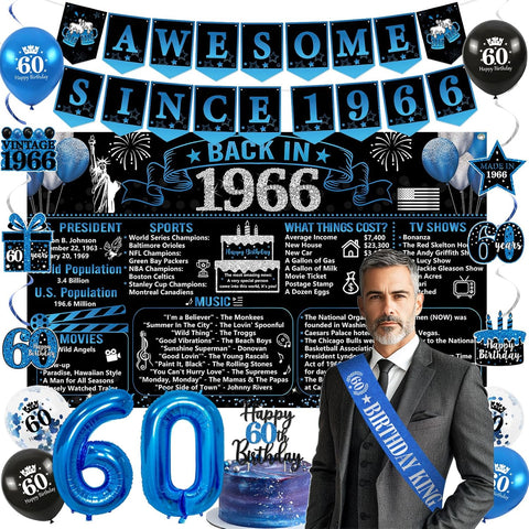 Trgowaul 60th Birthday Decorations for Men, Blue Back in 1966 Poster