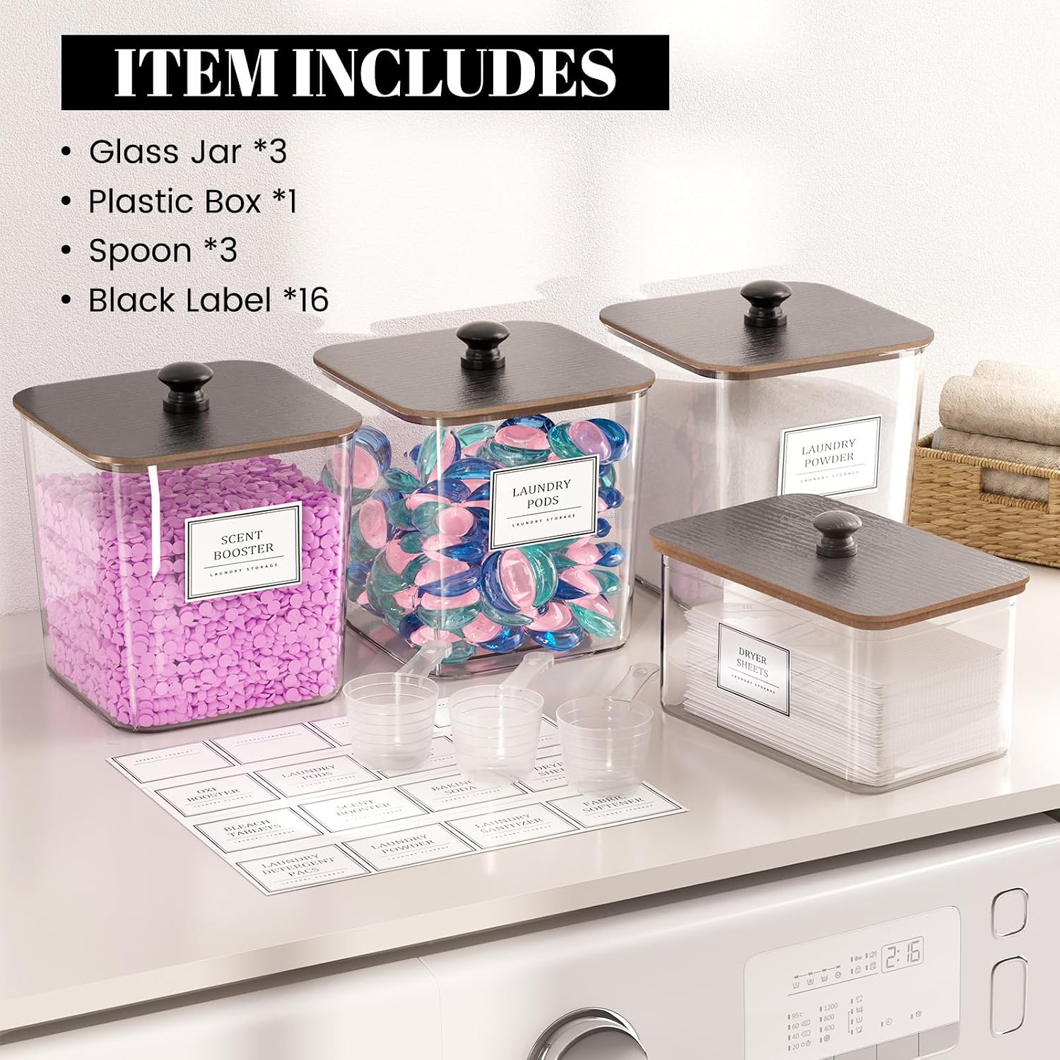 HomePekite Laundry Pods Storage Container, Clear Acrylic Laundry Room Organization and Storage ,Detergent Powder Container,with Wooden Lids & Labels, 3+1 Pack（Black）