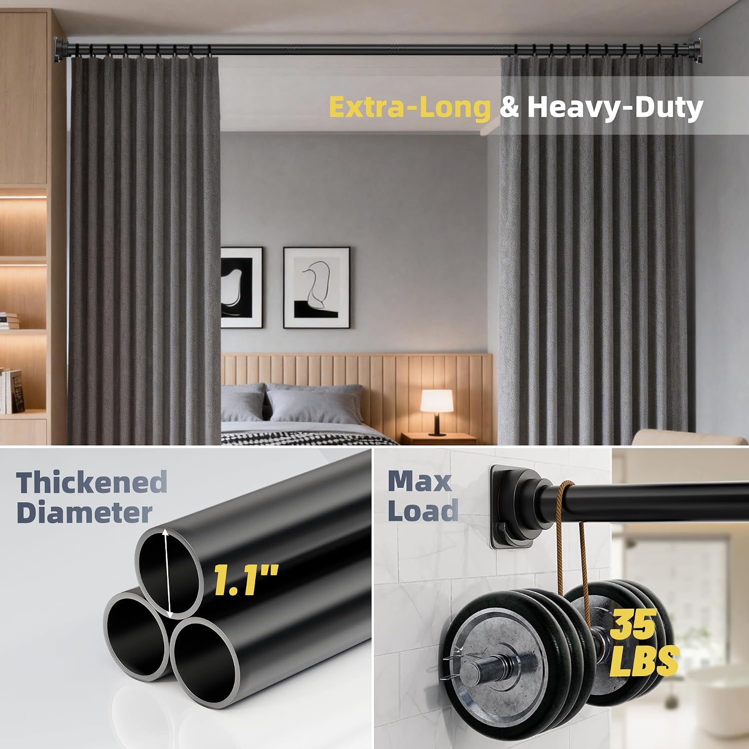 STARLATTA Shower Tension Curtain Rod 31-120", 1.1" Heavy Duty, Matte Black