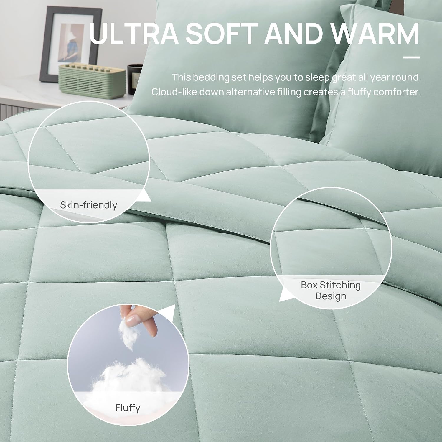 Love's cabin Full Comforter Set Aqua, 7 Pieces Full Bed in a Bag, All Season Bedding Sets with 1 Comforter, 1 Flat Sheet, 1 Fitted Sheet, 2 Pillowcase and 2 Pillow Sham