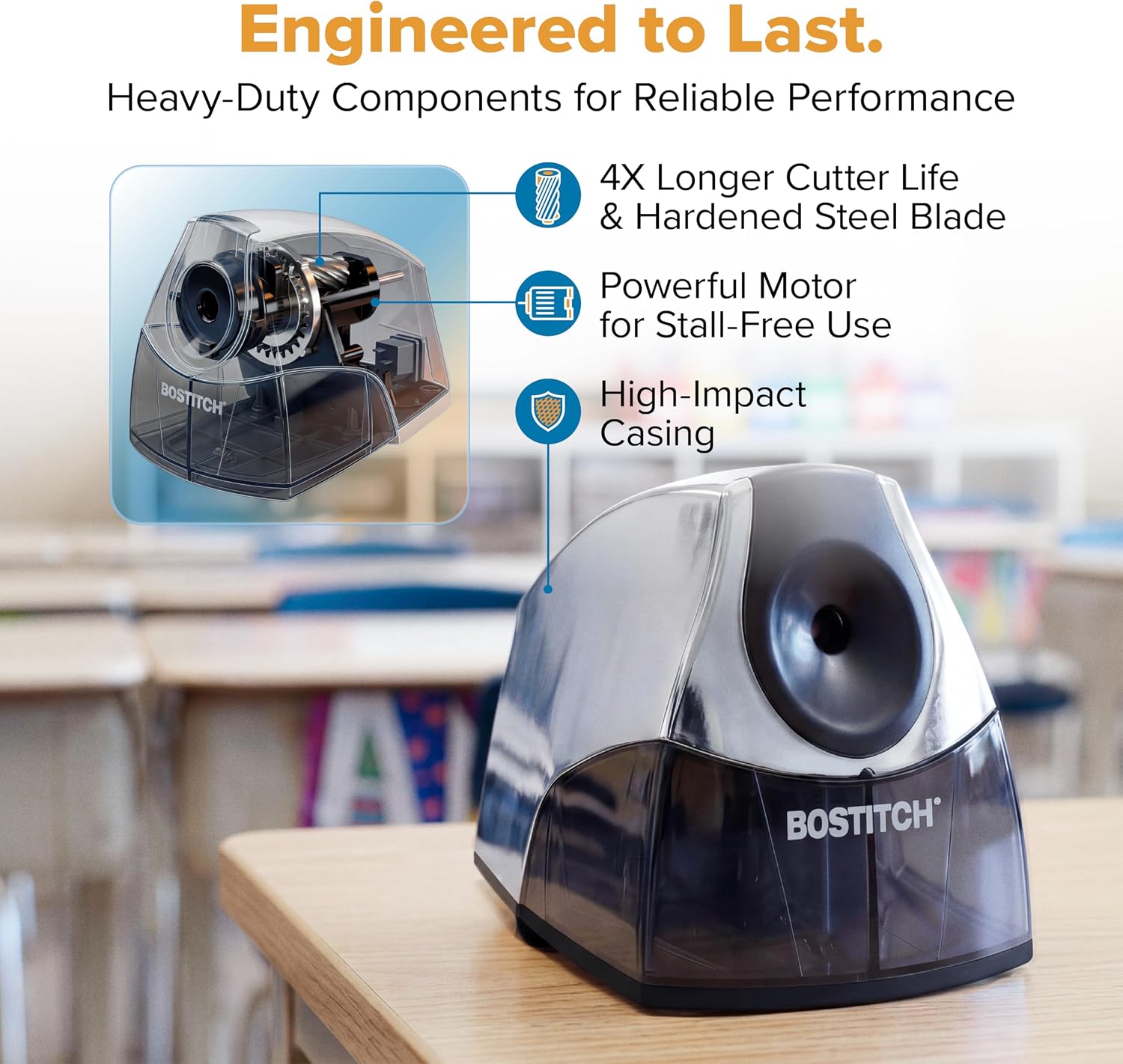 Bostitch Office Electric Pencil Sharpener for Classroom & Desk Use, Heavy-Duty Stall-Free Motor, High-Capacity Shavings Tray, Chrome