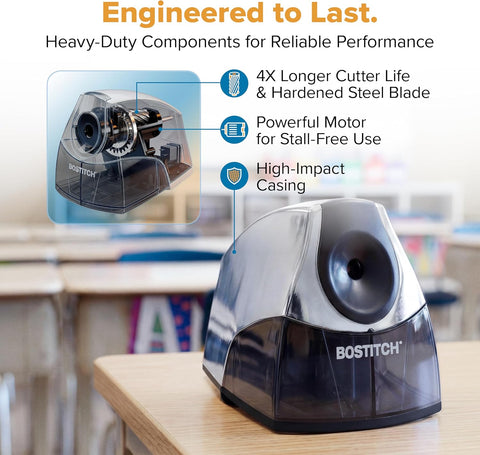 Bostitch Office Electric Pencil Sharpener for Classroom & Desk Use, Heavy-Duty Stall-Free Motor, High-Capacity Shavings Tray, Chrome