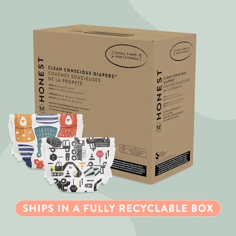 The Honest Company Clean Conscious Diapers | Plant-Based, Sustainable | Beary Cool + Big Trucks | Super Club Box, Size 6 (35+ lbs), 68 Count