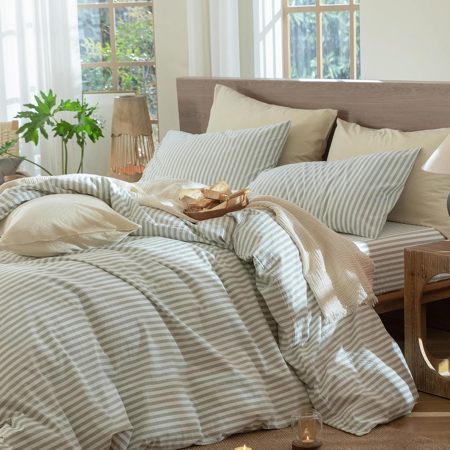 MooMee Striped Duvet Cover Set 100% Washed Cotton Linen Like King