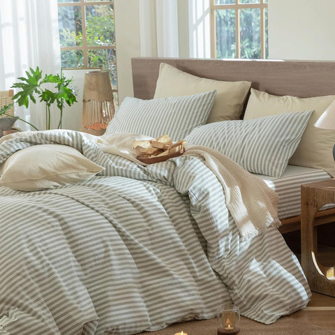MooMee Striped Duvet Cover Set 100% Washed Cotton Linen Like King