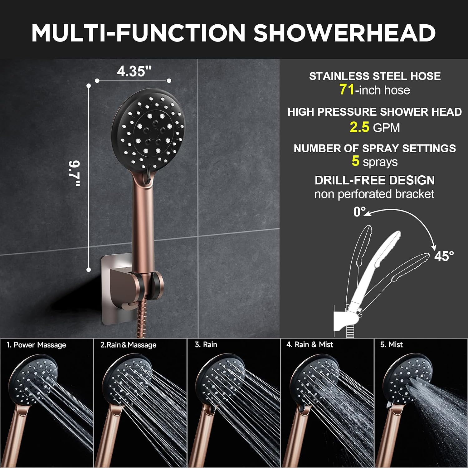 Veken Rose Gold 11.8" High Pressure Shower Head with Handheld, Easy Install
