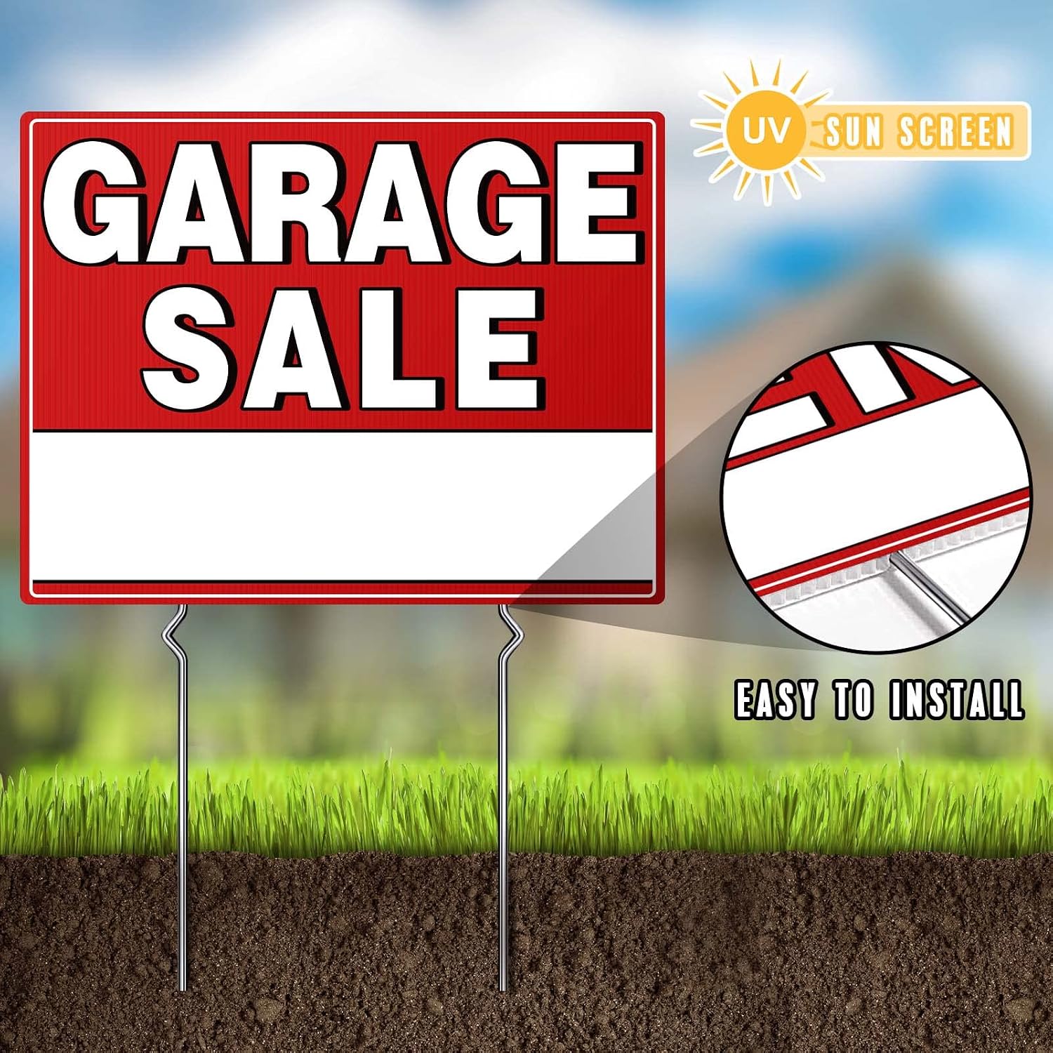 Garage Sale Signs with Stakes, 17" x 13" Double-Sided Yard Sale Sign with Arrow Stickers, Weather-Proof (3 Pack)